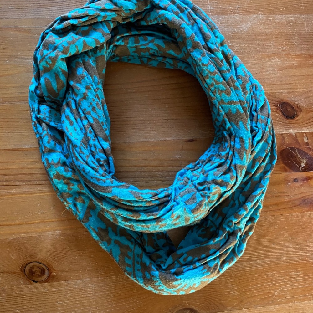 Turquoise blue and brown infinity scarf